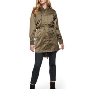 Sam Edelman Large Khaki Green Zipper Front Rib Collar Ruched Sleeve Jacket